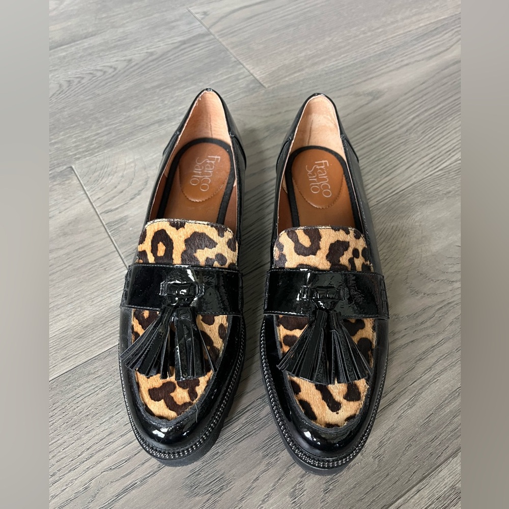 Franco Sarto Black Patent Leopard Loafers